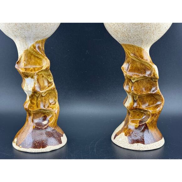 Pair of Handmade Glazed Pottery Wine Goblets - Picture 3 of 7